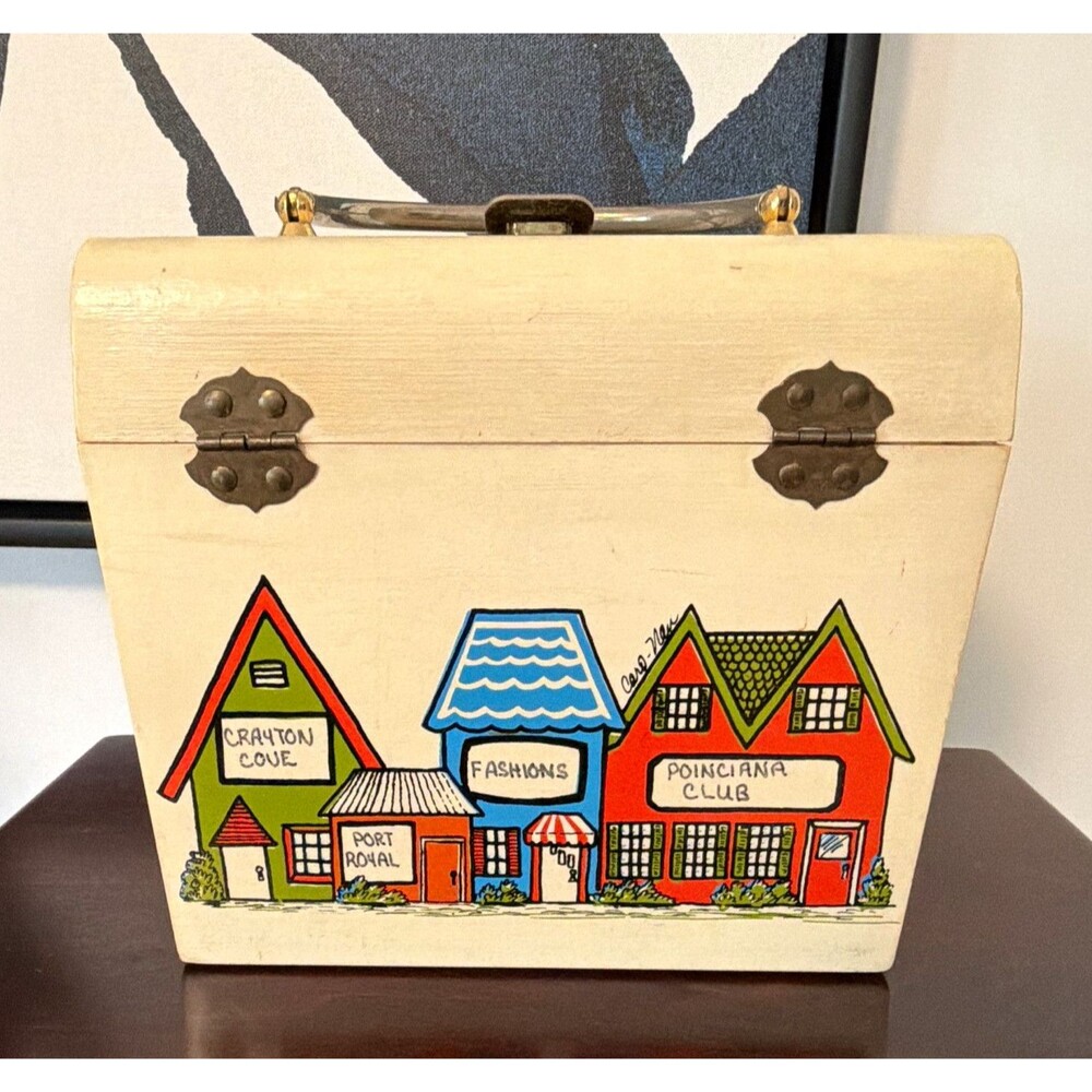 Caro Nan Naples Fl Vintage Painted Wood Trinket Box Village Pictorial w/ Handle